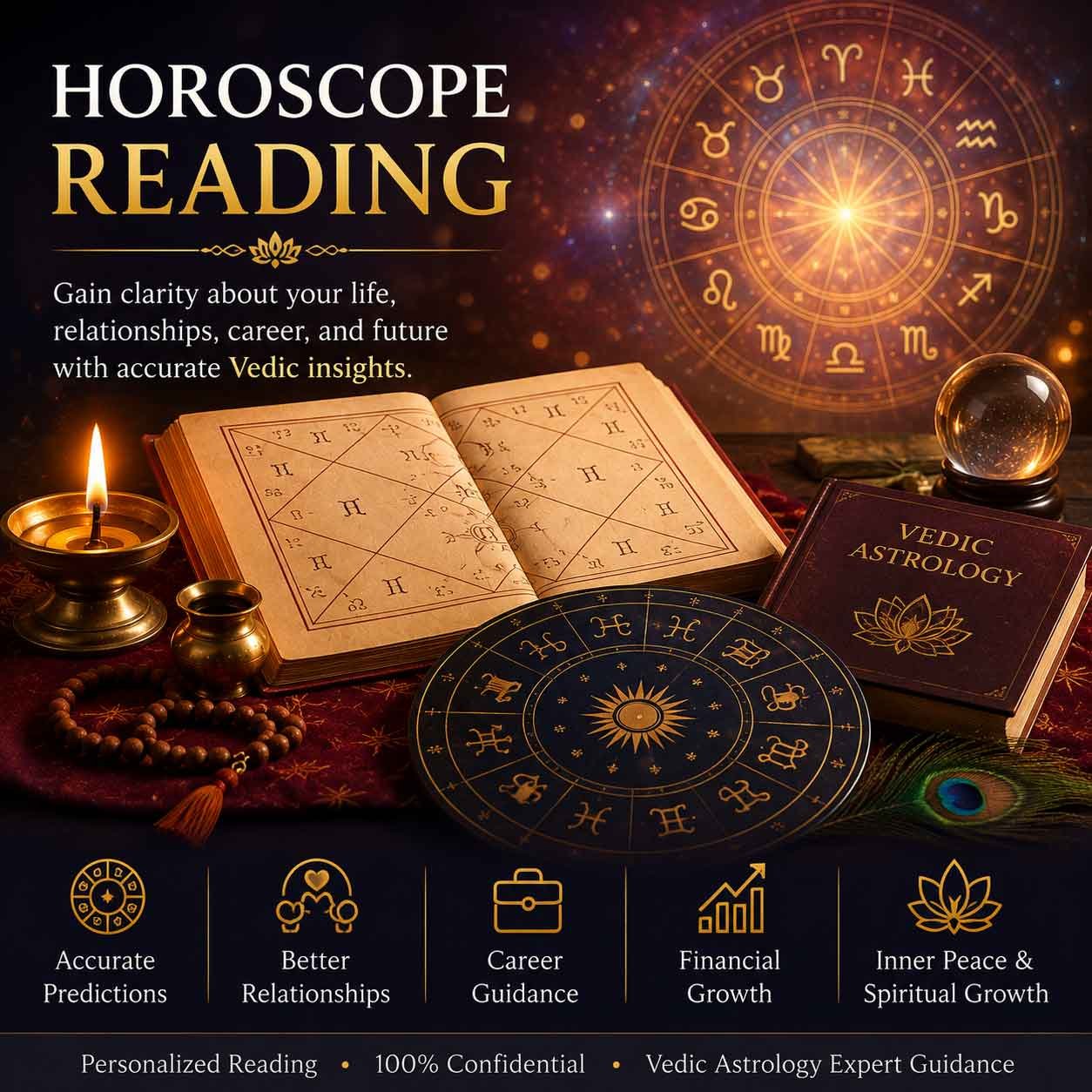 Vedic astrology consultation - books, zodiac wheel and crystals